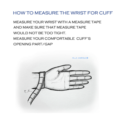 Illustration sketch on paper of a hand with a measurement tape, showing how to measure the wrist for a cuff, and artist's name 'Ella Kripaka' branding