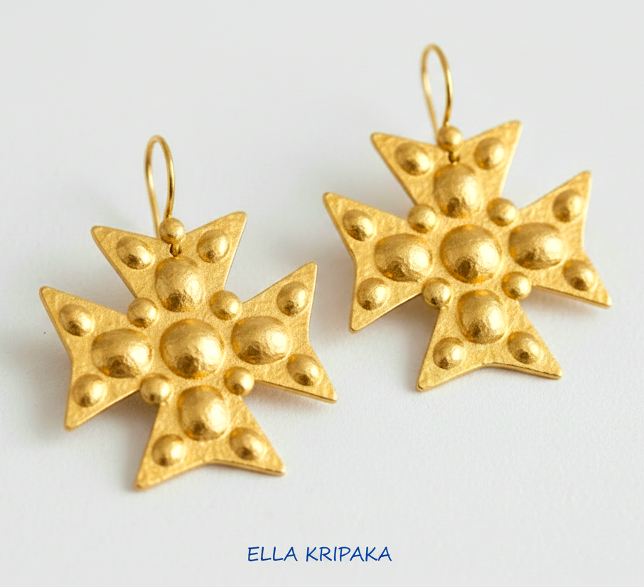 Hammered 24k 9999 Gold Byzantine cross earrings on a white background with 'Ella Kripaka' branding