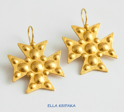 Hammered 24k 9999 Gold Byzantine cross earrings on a white background with 'Ella Kripaka' branding