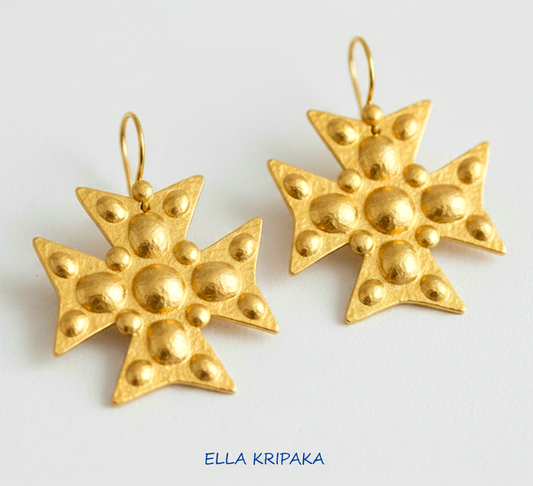Hammered 24k 9999 Gold Byzantine cross earrings on a white background with 'Ella Kripaka' branding