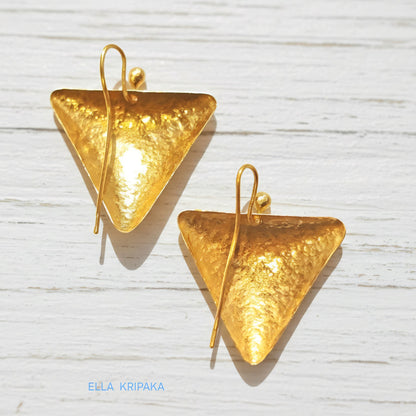 Hammered Solid 24k 9999 Gold 9.2g &26g Triangle Convex Earrings