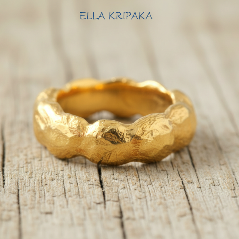 Organic hammered 24k 9999 Gold ring with wavy thick edges on grey old wooden surface, artist-jeweler's name 'Ella Kripaka' is written in picture
