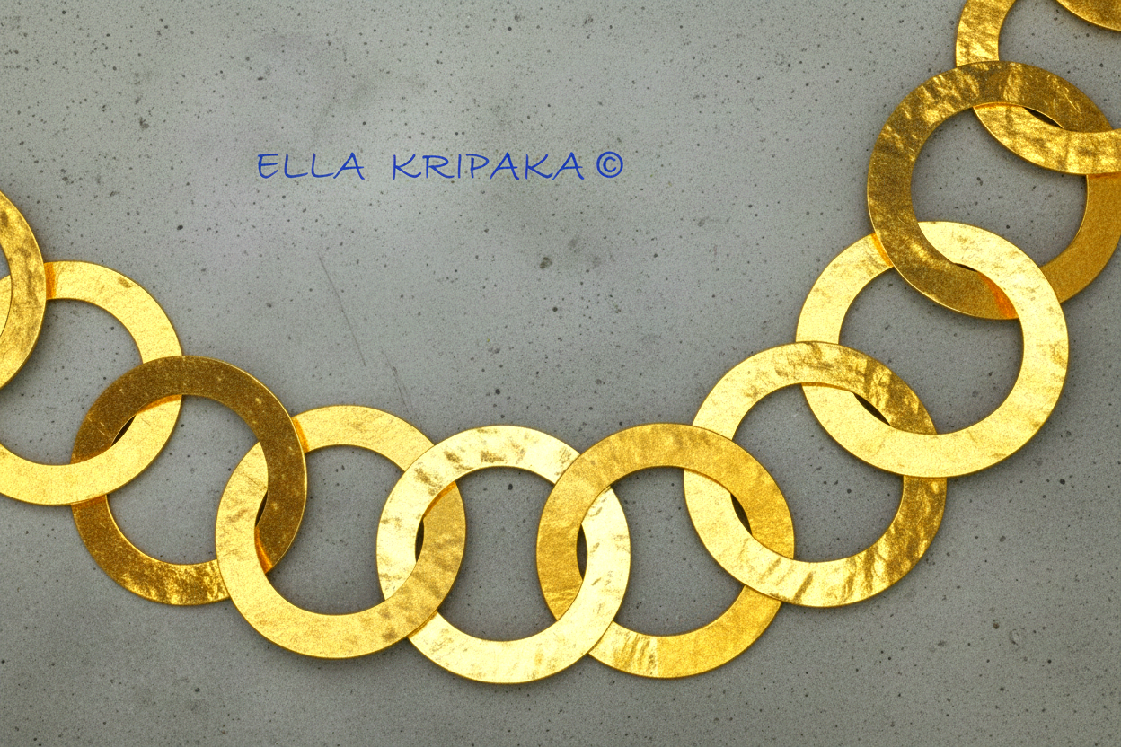 22k gold hammered chain necklace  on a grey background, artist-jeweler's name 'Ella Kripaka' branding