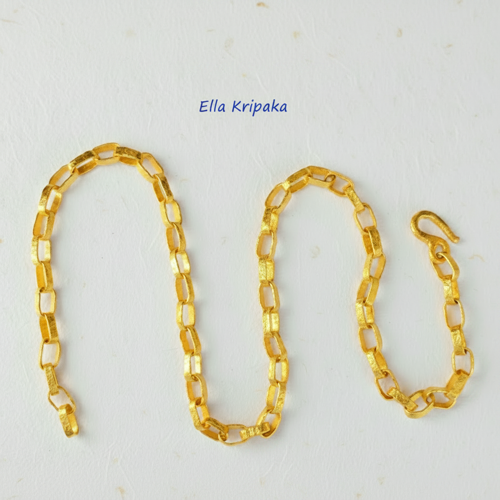 Hammered 24k chain necklace Ancient Rome style on a white paper background, branding artist-jeweler name 'Ella Kripaka'