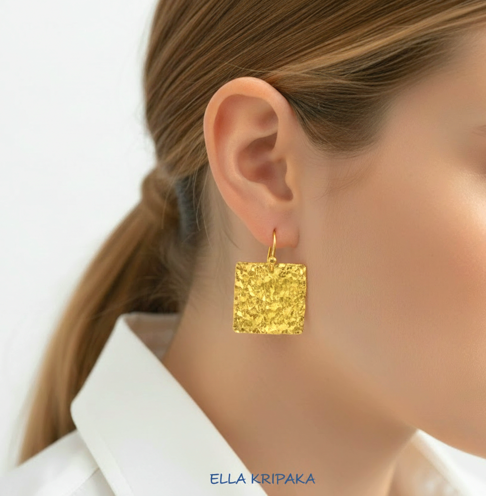 Hammered 24k 9999 Gold 11.2g &35g Organic Square Earrings Textured
