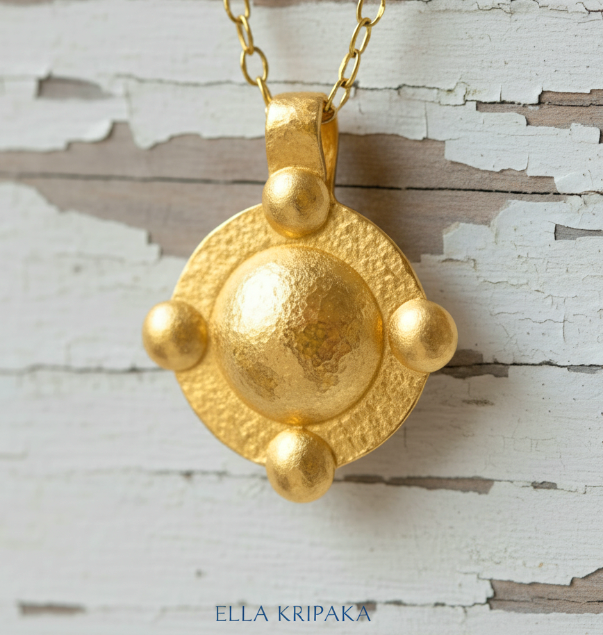 24k gold hammered dome disk with convex rounds textured pendant with chain on white rustic wooden background, artist 'Ella Kripaka' branding