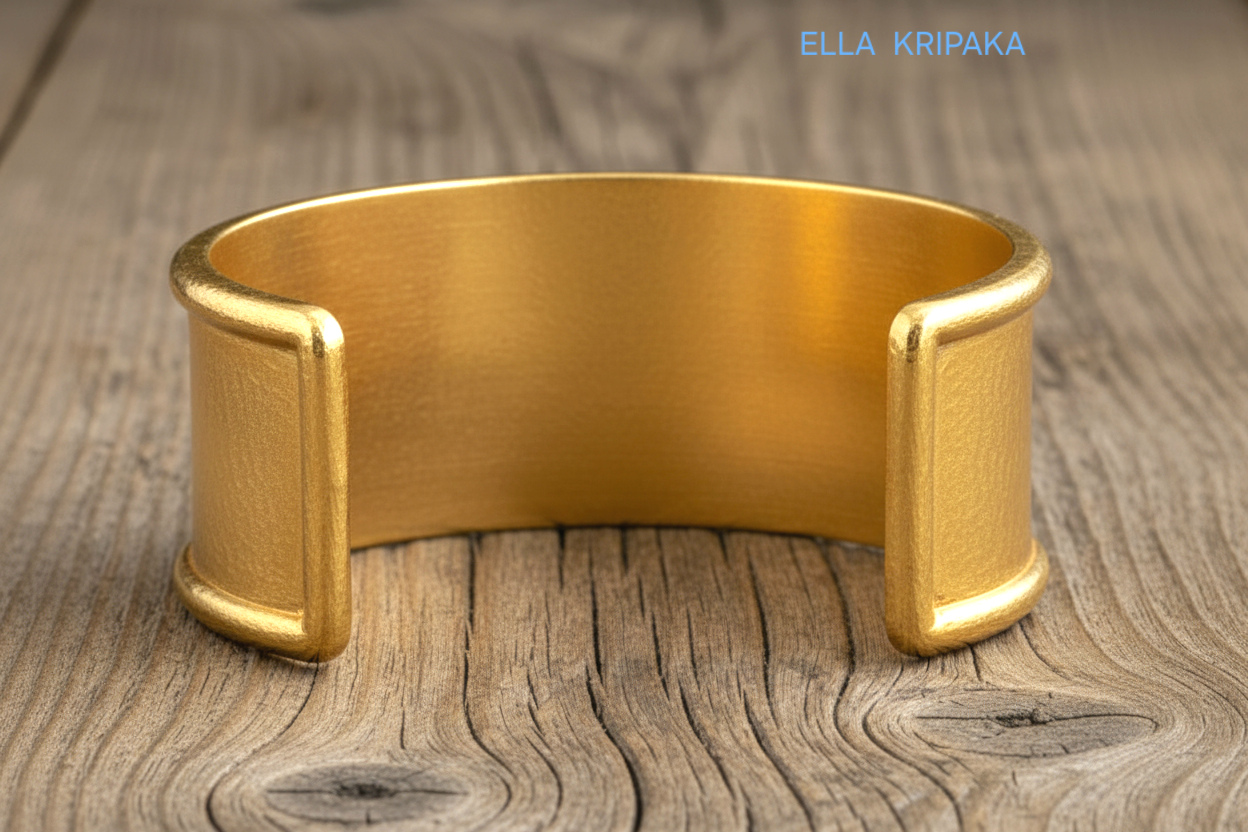 Hammered 24k 9999 gold bracelet cuff Ancient Rome style on old wooden surface with 'Ella Kripaka' branding