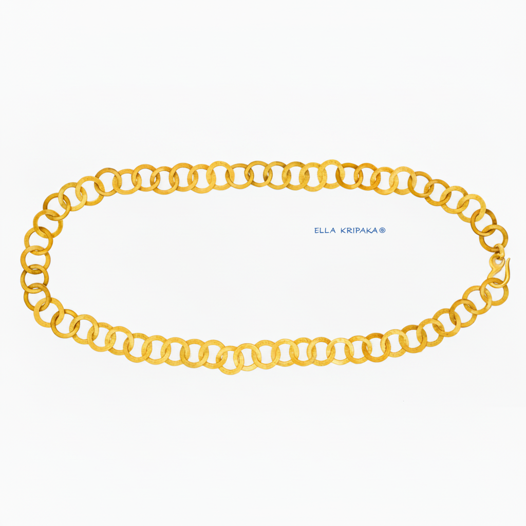 22k gold hammered chain necklace with thick hook clasp on a white background, artist-jeweler's name 'Ella Kripaka' branding