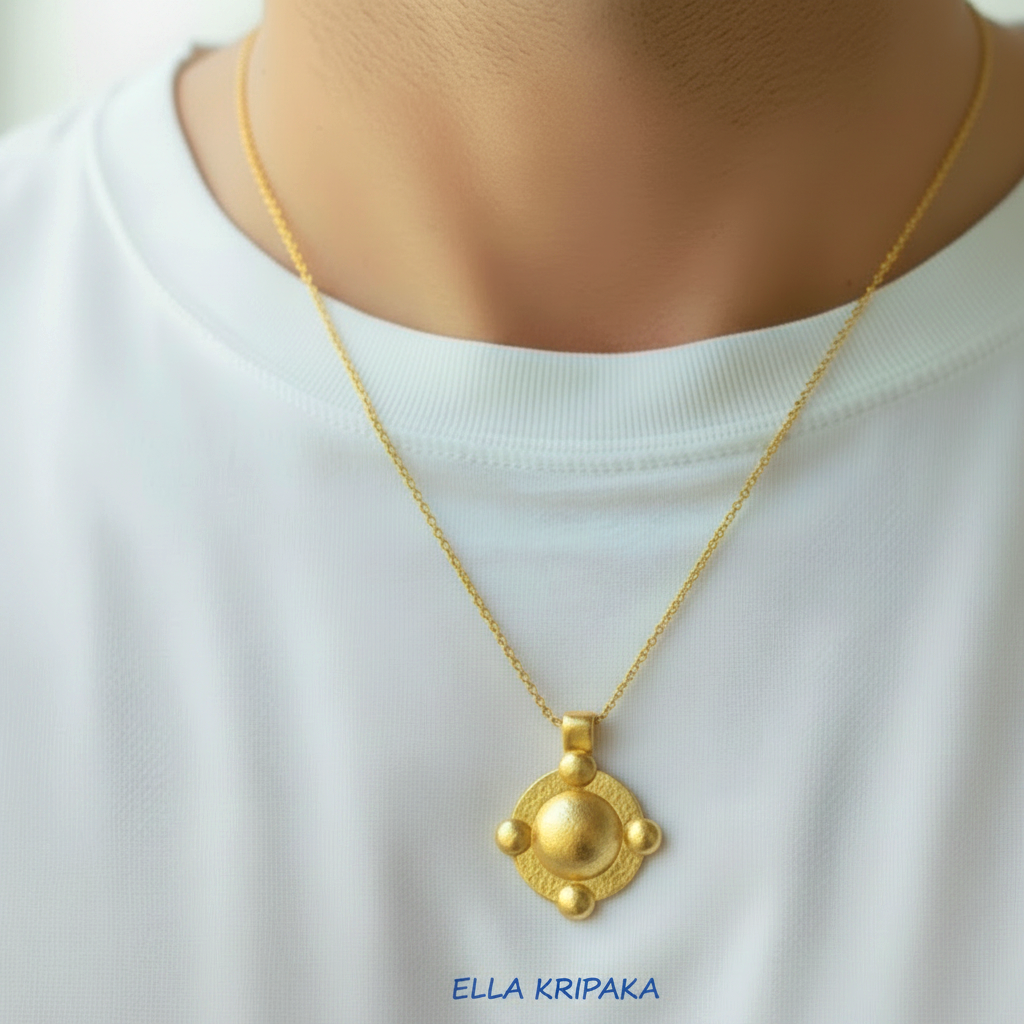24k gold hammered dome disk with convex rounds textured pendant with chain worn by a man and on white t-shirt background, artist 'Ella Kripaka' branding