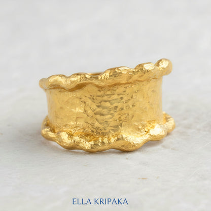 Hammered 24k 9999 Gold 33.4g Organic Wavy Ring Signet 15mm Thick