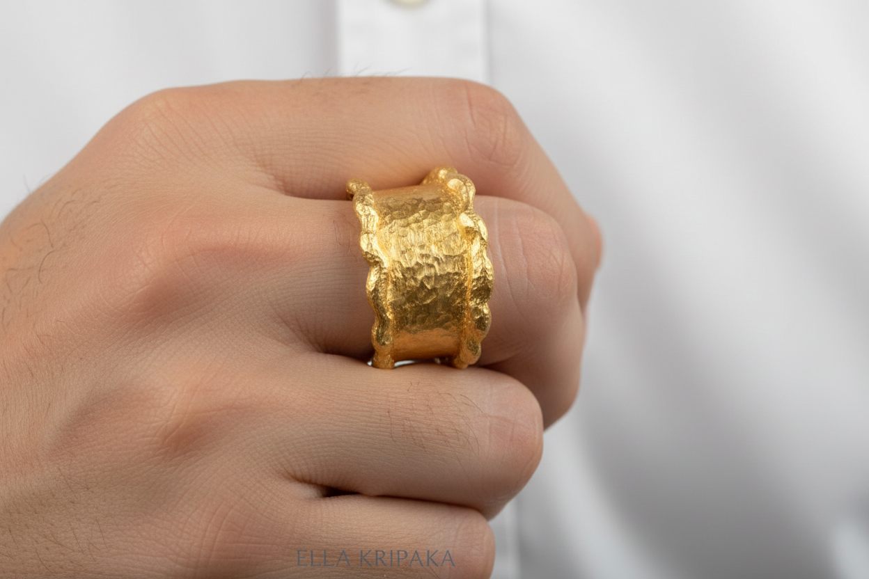 Hammered 24k 9999 Gold 33.4g Organic Wavy Ring Signet 15mm Thick