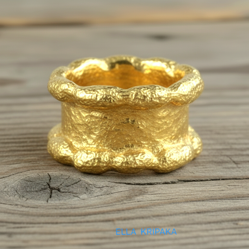 Hammered 24k 9999 Gold thick uneven wavy ring organic with a textured gold surface on a old wooden background, branded 'Ella Kripaka'