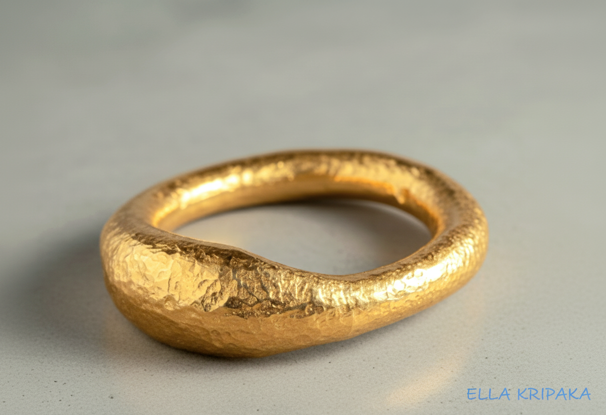 Hammered organic 24k Gold 9999 gold signet thick ring band with textured gold on a grey concrete background, branded 'Ella Kripaka'