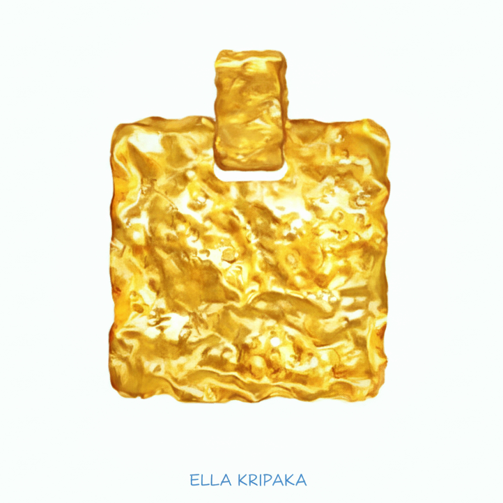 Organic 24k gold wavy textured square pendant hammered with uneven edges on white background, with 'Ella Kripaka' branding