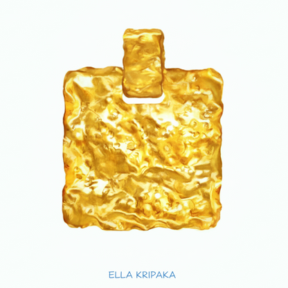 Organic 24k gold wavy textured square pendant hammered with uneven edges on white background, with 'Ella Kripaka' branding