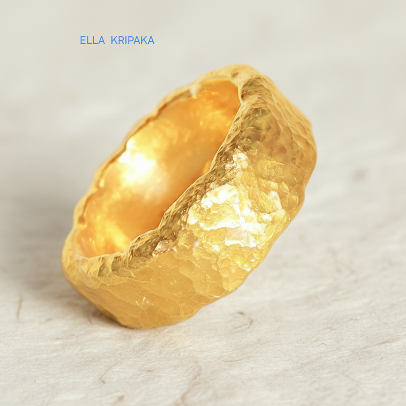 Hammered organic 24k Gold 9999 gold uneven wavy thick ring band with textured gold on a white craft paper background, branded 'Ella Kripaka'