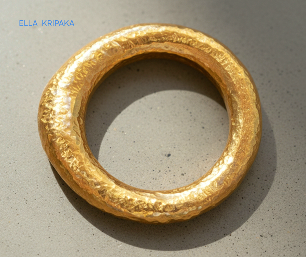 Hammered organic 24k Gold 9999 gold signet thick ring band with textured gold on a grey concrete background, branded 'Ella Kripaka'