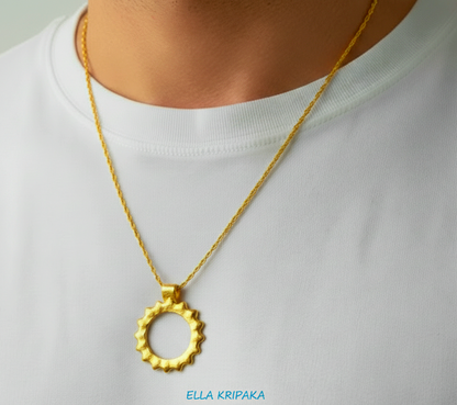 24k 9999 gold hammered convex Sun pendant with chain worn by a man and on a white t-shirt background, branded 'Ella Kripaka'