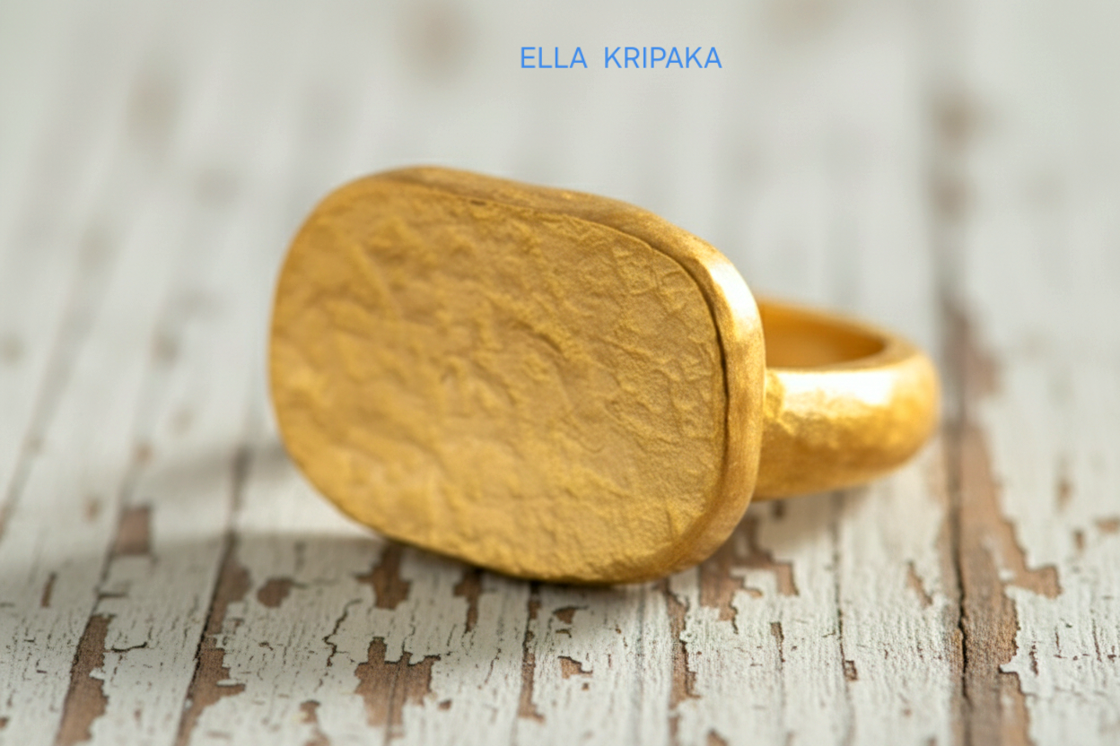 Hammered twisted 24k Gold 9999 gold signet thick ring Ancient Rome style with textured gold on white old wooden background, branded 'Ella Kripaka'