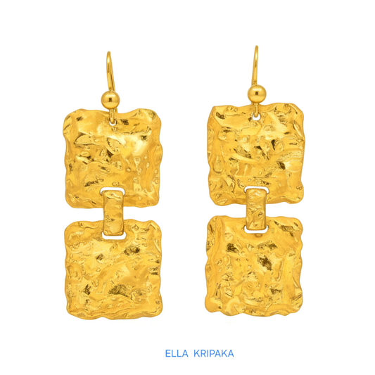Organic hammered uneven 24k 9999 Gold square earrings on a white background, and with artist-jeweler's name 'Ella Kripaka' branding