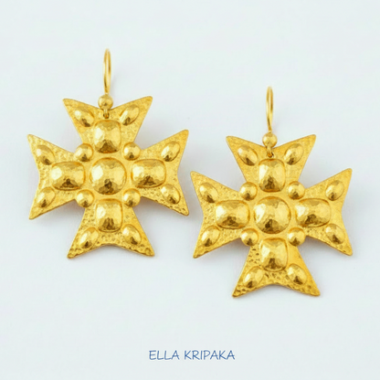 Hammered 24k 9999 Gold Byzantine cross earrings on a white background with 'Ella Kripaka' branding
