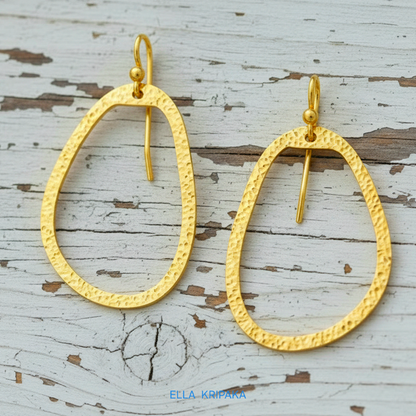 Hammered Solid 24k 9999 Gold 7.3g &21g Organic Oval Hoop Earrings