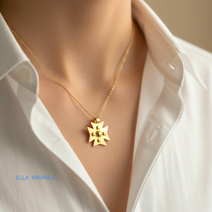 24k gold Byzantine cross pendant textured hammered with convex pattern and with chain is worn by a woman and with white shirt, with 'Ella Kripaka' branding