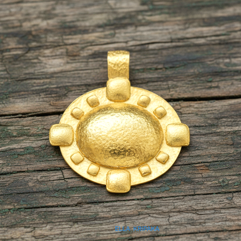 Hammered 24k gold Byzantine convex pendant on old wooden surface with 'Ella Kripaka' branding