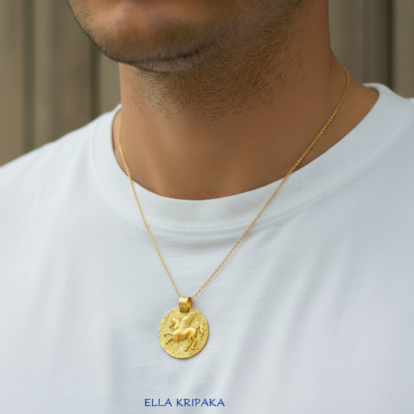 Hammered 24k 9999 gold Ancient Rome pendant with convex Pegasus and with chain on man's neck and with white t-short background, branding artist name 'Ella Kripaka'
