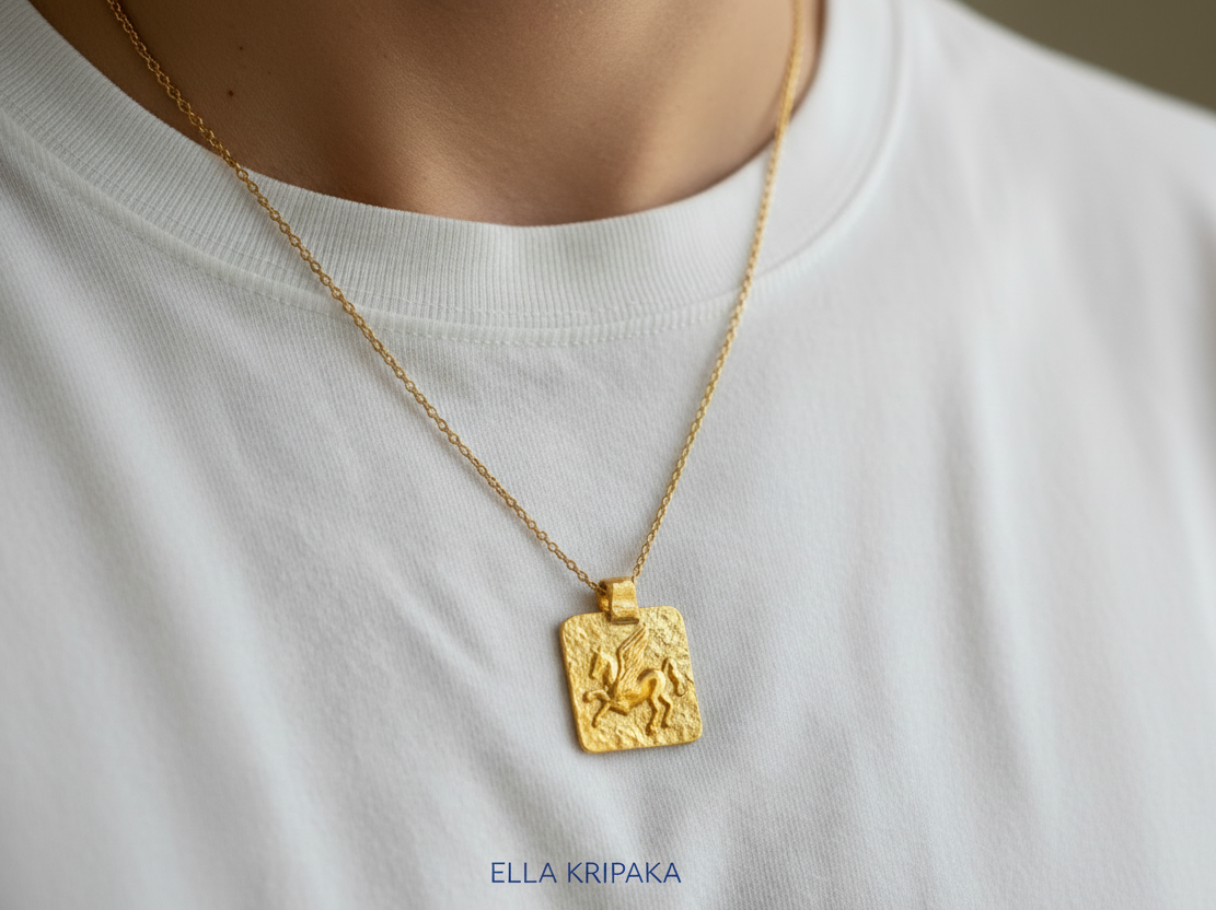 Hammered 24k 9999 gold square pendant with convex Pegasus and with chain wearing on man's neck and with white t-short background, branding artist's name 'Ella Kripaka'