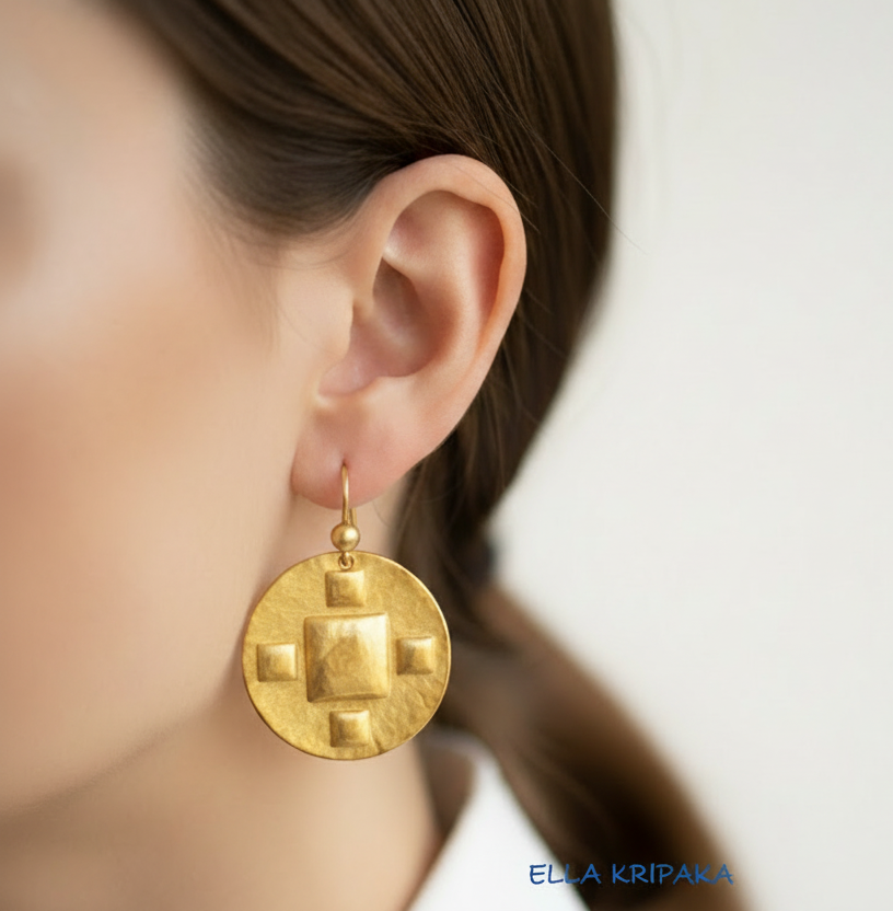 Hammered 24k 9999 Gold Byzantine square earrings wearing by a person with 'Ella Kripaka' branding