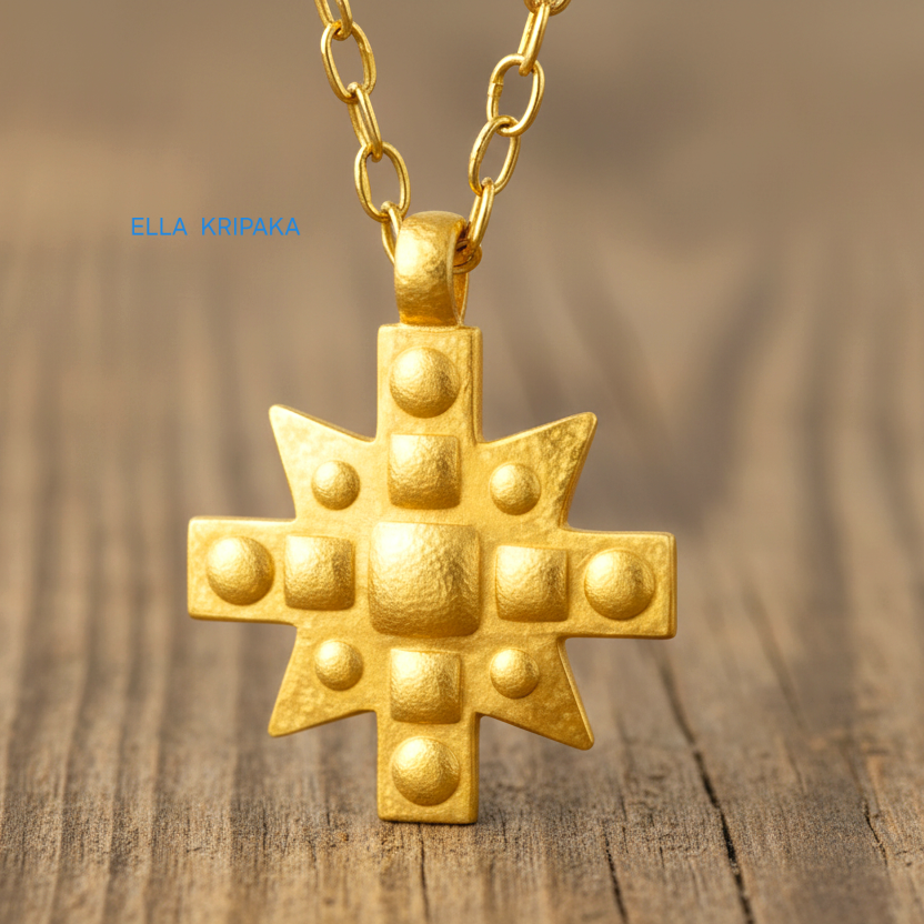 24k gold Byzantine cross pendant textured hammered with convex pattern and with gold chain on brown rustic wooden background, with 'Ella Kripaka' branding