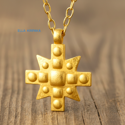 24k gold Byzantine cross pendant textured hammered with convex pattern and with gold chain on brown rustic wooden background, with 'Ella Kripaka' branding