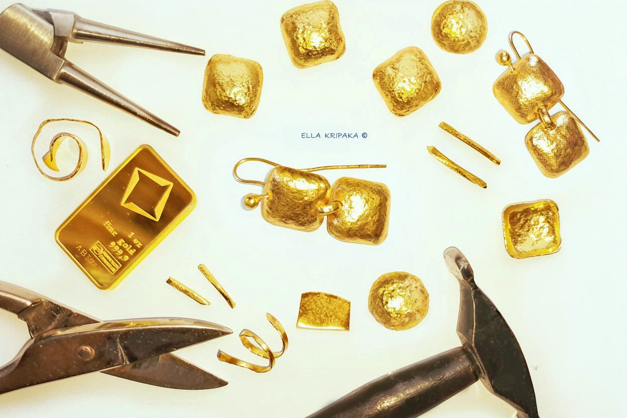 Hammered 24k gold square earrings with 9999 gold bar and gold pieces and with jewelry tools on white background, artist name 'Ella Kripaka' branding