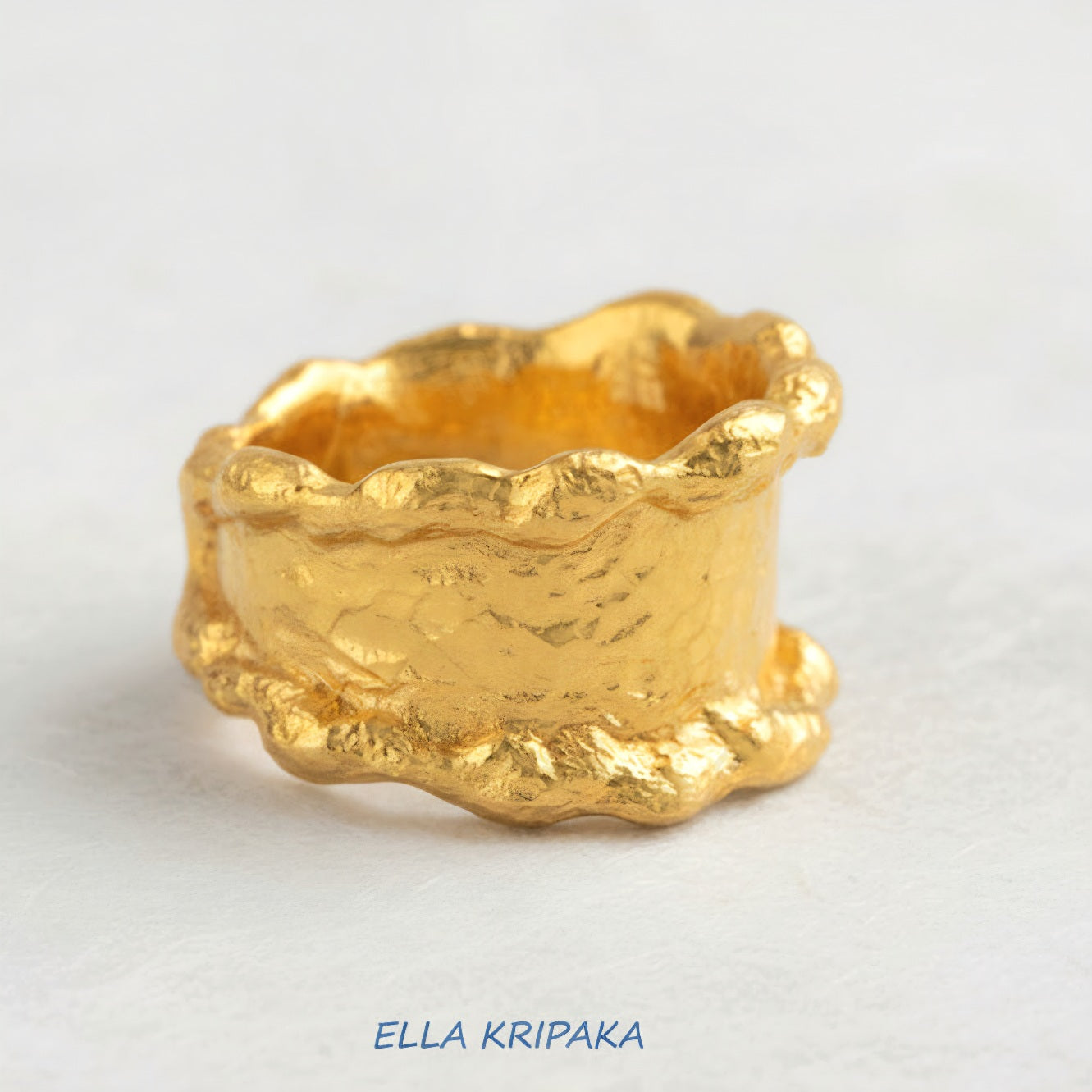 Hammered 24k 9999 Gold 33.4g Organic Wavy Ring Signet 15mm Thick