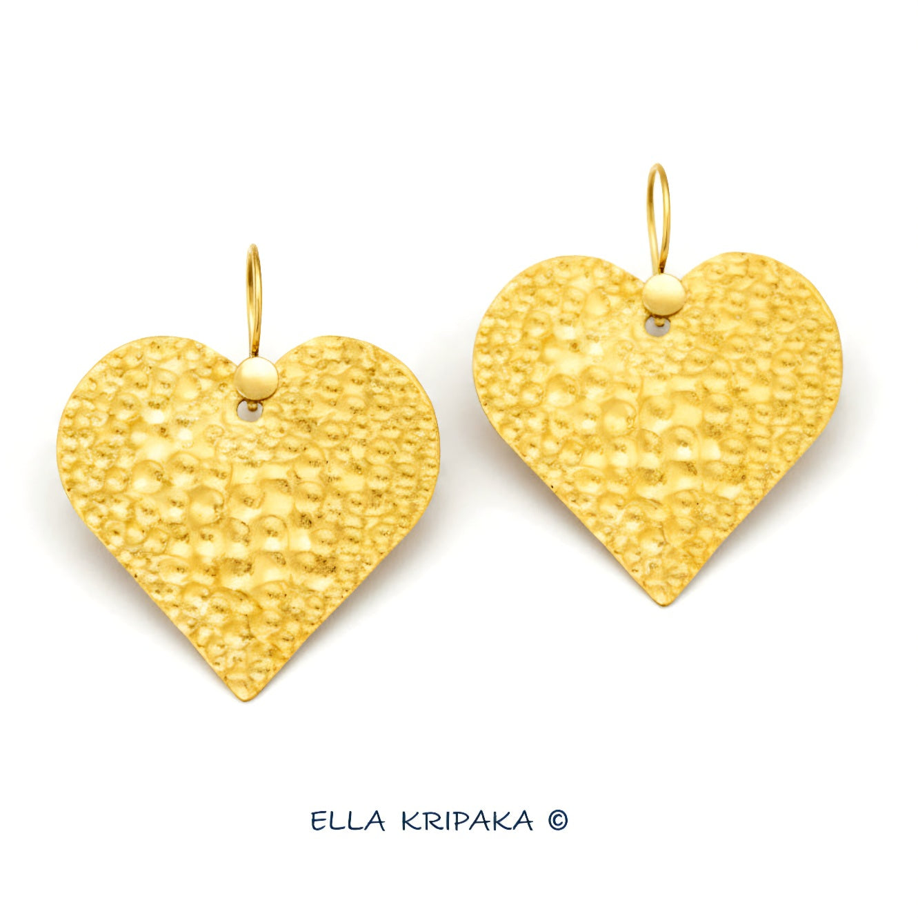 Organic 24k 9999 gold hammered hearts earrings with shiny gold textures are on white background, artist-jeweler's name 'Ella Kripaka'