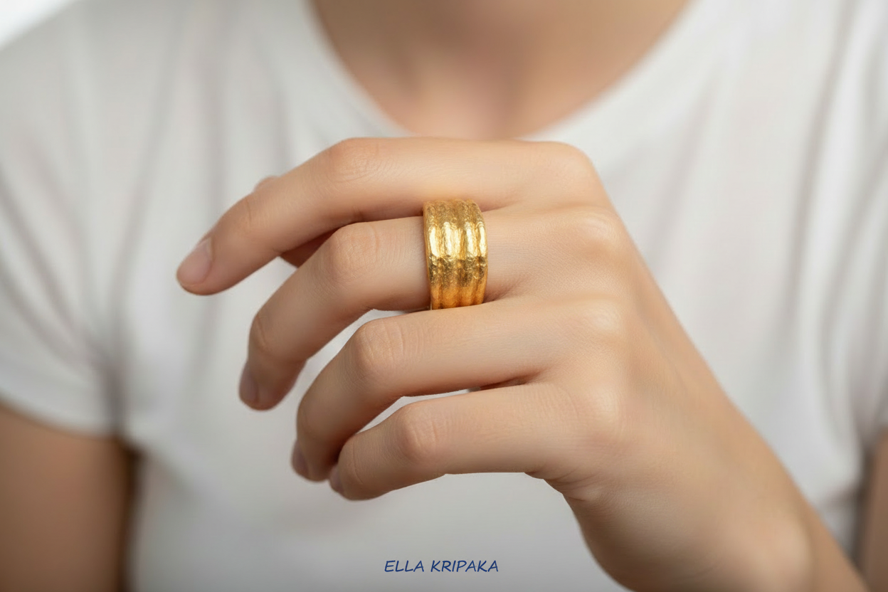 Organic hammered 24k 9999 Gold ring with uneven thick edges worn on person's finger and on a white background, artist-jeweler's name 'Ella Kripaka' is written in picture