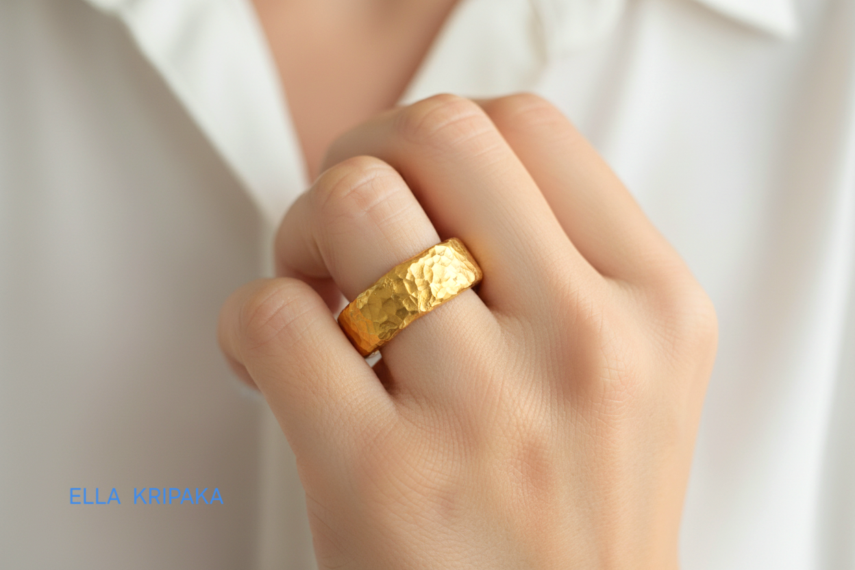 Hammered 24k 9999 Gold thick uneven ring organic with a textured gold surface worn on woman's finger and on a blurred background, branded 'Ella Kripaka'
