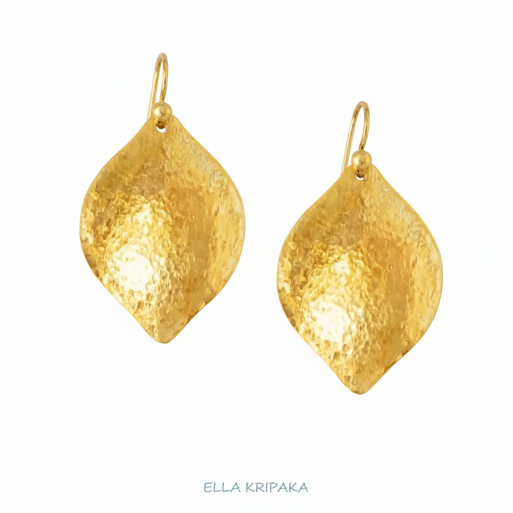 Hammered 24k 9999 Gold convex leaf earrings Ancient Rome and Byzantine style on a white background, and artist-jeweler's name 'Ella Kripaka' branding