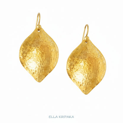 Hammered 24k 9999 Gold convex leaf earrings Ancient Rome and Byzantine style on a white background, and artist-jeweler's name 'Ella Kripaka' branding