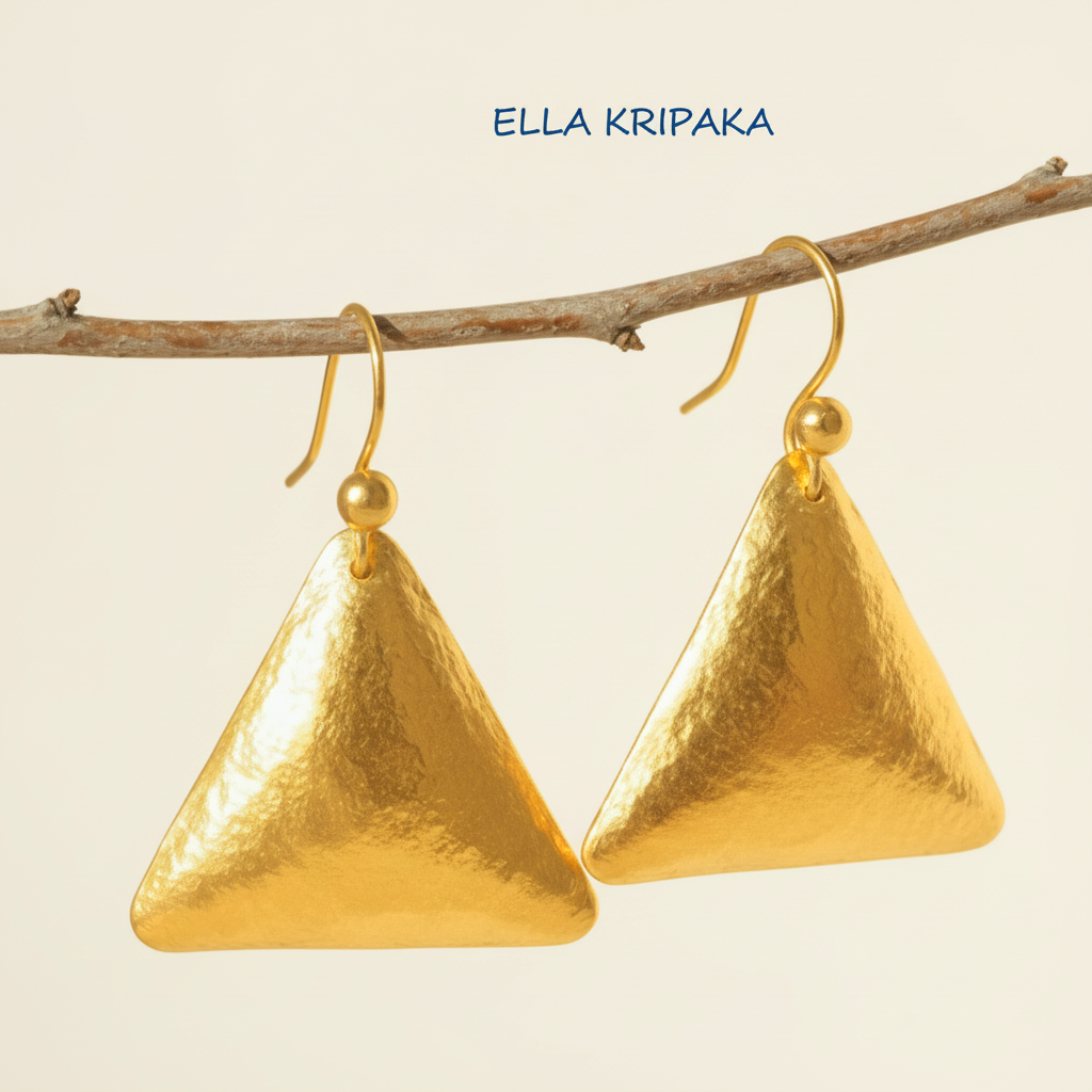 Hammered 24k gold, pure 9999 gold convex triangle earrings with shiny forged gold textures on old wooden surface, artist-jeweler 'Ella Kripaka' branding