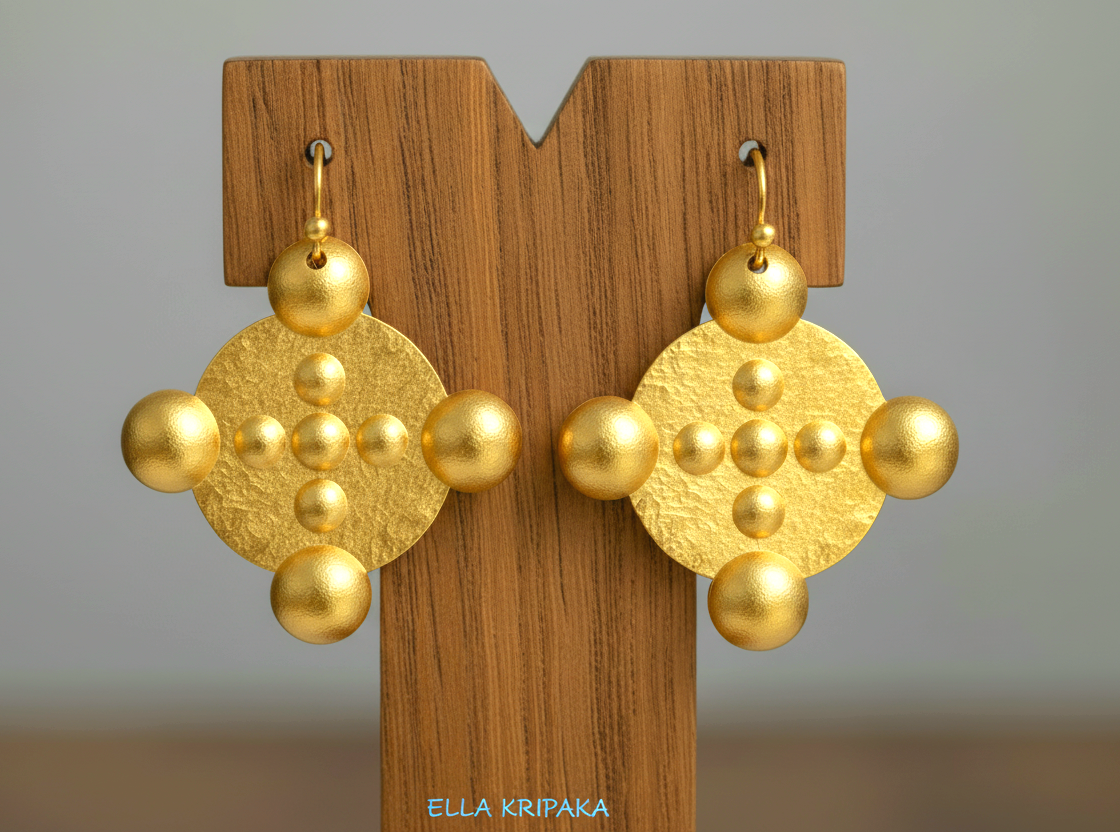 Hammered 24k gold, pure 9999 gold convex rounds Byzantine earring with shiny forged gold textures on a wooden stand and with light grey background, artist-jeweler 'Ella Kripaka' branding