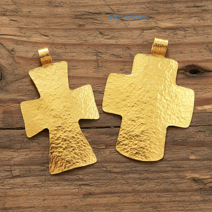 Two hammered 24k gold textured cross pendant on rustic old wooden surface, creator artist-jeweler 'Ella Kripaka' branding