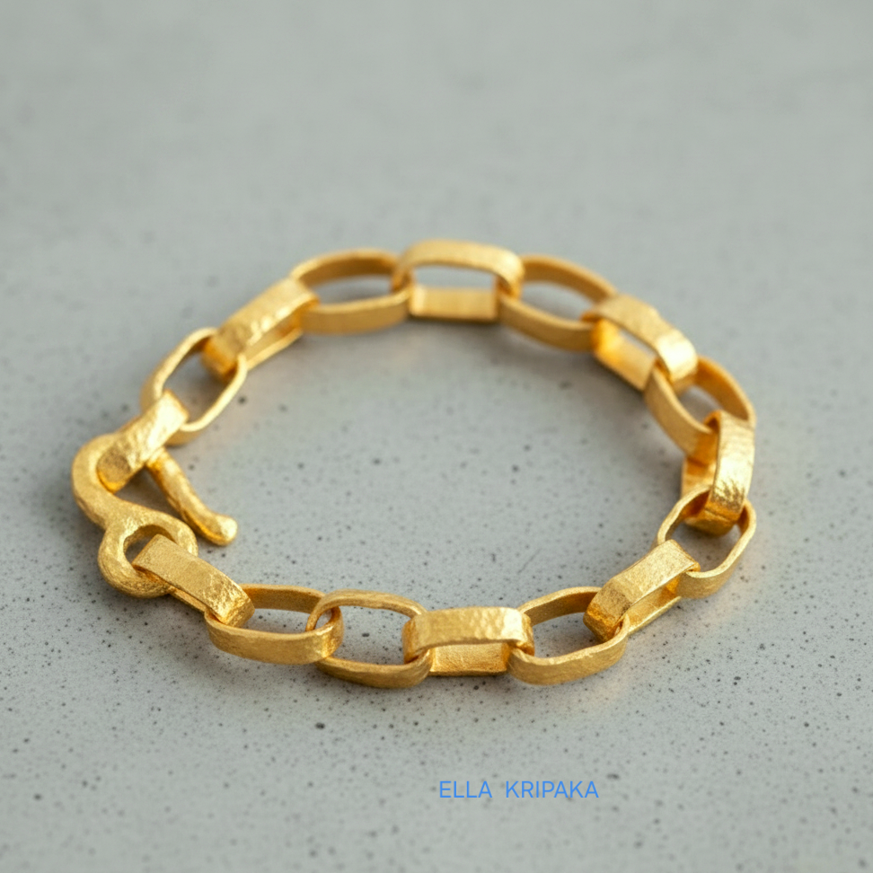 Hammered 24k 9999 gold chain thick bracelet with thick hook clasp Ancient Rome style on a grey background, artist-jeweler name 'Ella Kripaka' branding