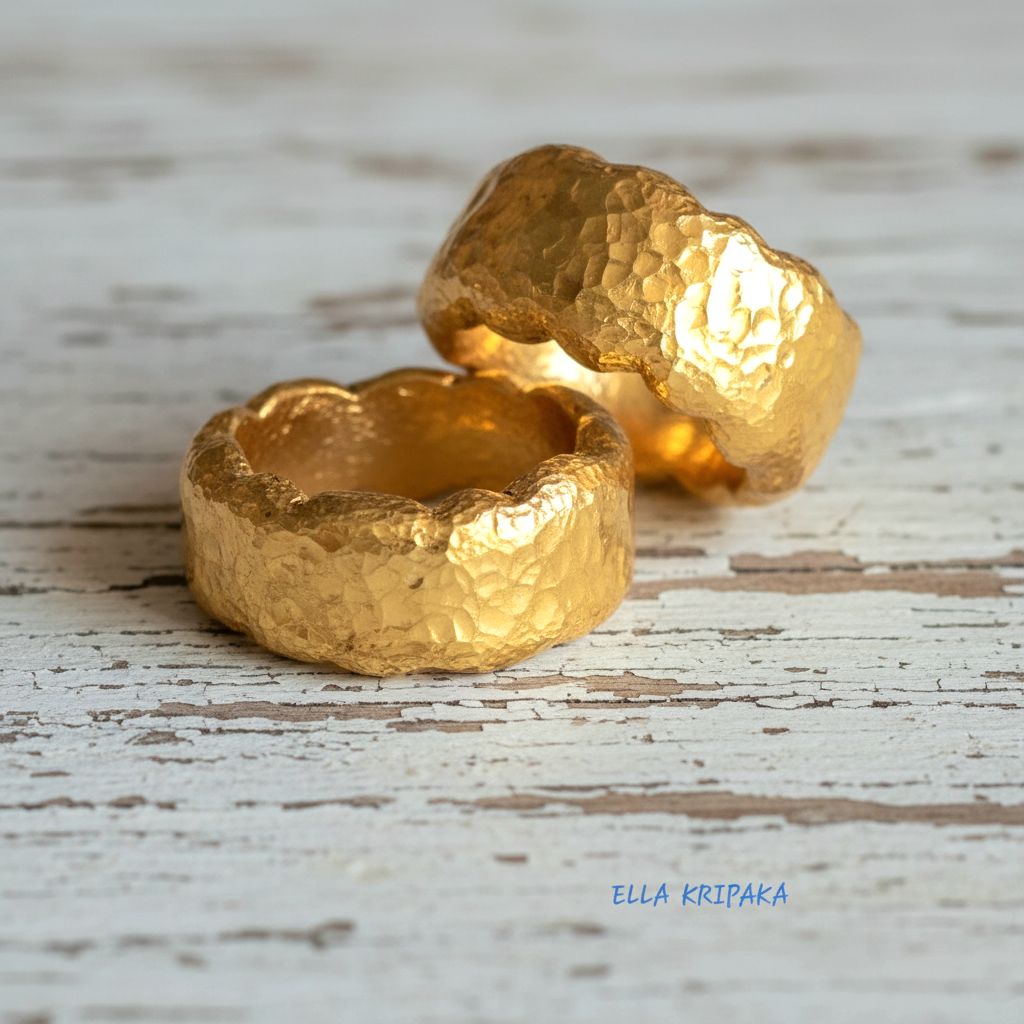Two organic hammered 24k gold 9999 Gold textured wavy thick rings on a wooden surface with 'ELLA KRIPAKA' branding