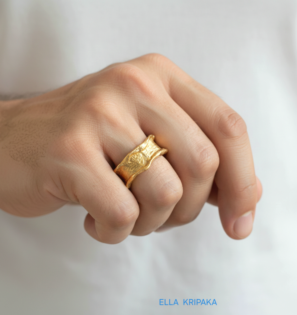 Organic 24k gold hammered ring with uneven edges and with textured surface on a model's finger with white plain background, branded 'Ella Kripaka'