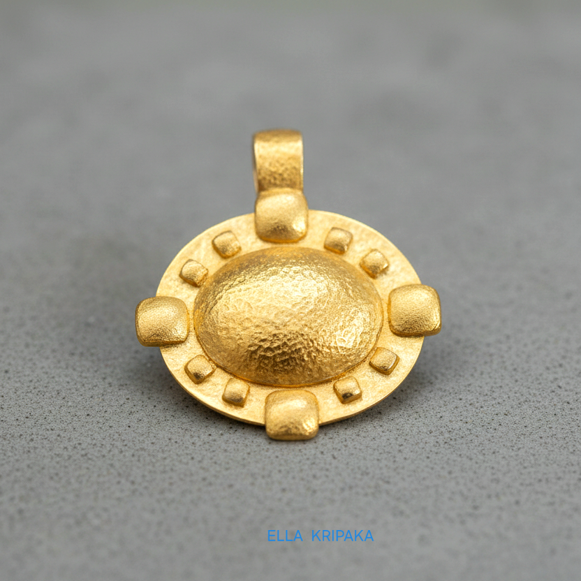 Hammered 24k gold Byzantine convex pendant on a grey concrete surface with 'Ella Kripaka' branding