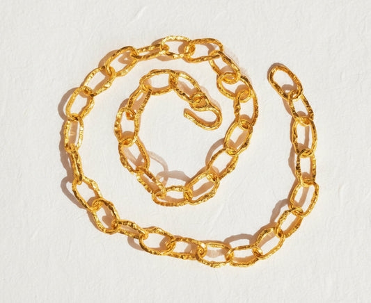 Hammered 24k 9999 Gold 141g Organic Chain 59cm Necklace 12mm 22k