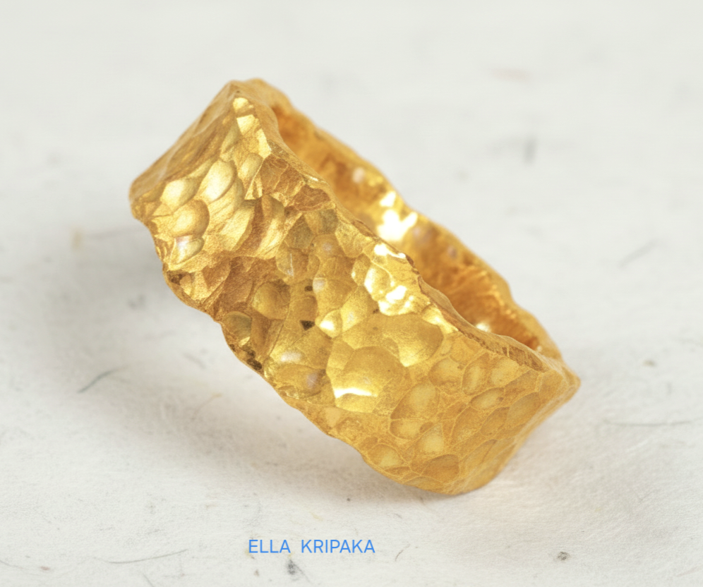 Organic hammered 24k 9999 Gold ring with uneven edges on white paper surface, artist-jeweler's name 'Ella Kripaka' is written in picture