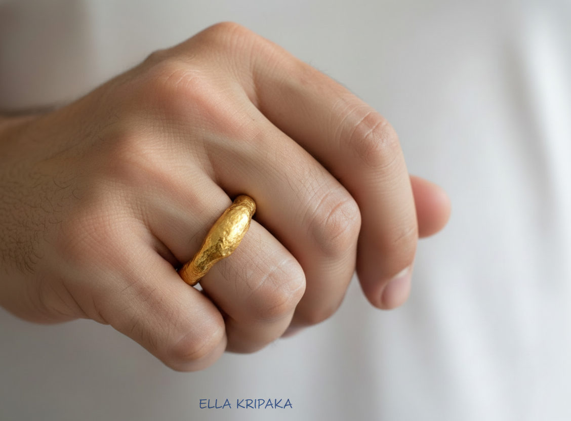 Hammered 24k 9999 Gold thick uneven ring organic signet with a textured gold surface worn on man's finger and on a blurred background, branded 'Ella Kripaka'